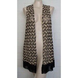 New NWT Chico's Collection 1 Medium Black Metallic Gold Fringed Hem Long Vest